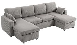 HOMCOM Divano Letto Moderno a U con 2 Chaise Longue e Vani Contenitore, Velluto a Coste, 282x140x86 cm, Grigio | Aosom Italy