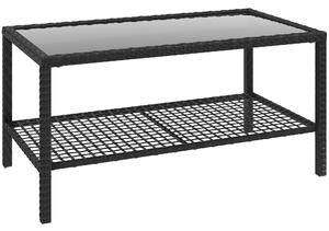 Outsunny Tavolino da Caffè a 2 livelli con Piano in Vetro Temperato e Ripiano, in Acciaio e Rattan, 92x50x45 cm, Nero | Aosom Italy