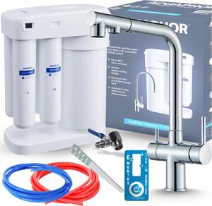 Rubinetto da cucina a 3 vie Ari Venom 2 con doccetta estraibile, beccuccio girevole, collegamento filtro acqua, cromato
