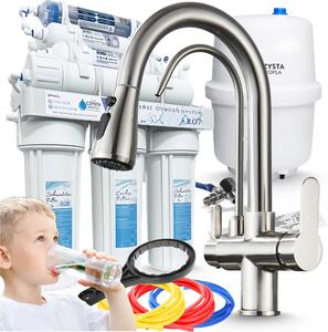 Rubinetto da cucina a 3 vie Ari Nordic, miscelatore cucina con doccetta estraibile, inox satinato, girevole, per filtro acqua