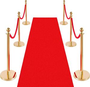 Set di pali di delimitazione - Sistema di guida persone con pali di delimitazione - 6 pali e 4 corde in velluto (1,5 m) - Tappeto VIP rosso 8 m - Base ricaricabile - Per eventi, hotel, cinema - Oro