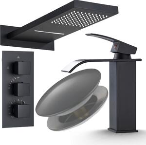 Rubinetto lavabo bagno Ari Waterfall nero opaco, miscelatore da appoggio in ottone con canna a cascata, cartuccia Vetroceramica e foro 35 mm