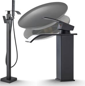 Rubinetto da bagno Ari, miscelatore vasca freestanding nero opaco, beccuccio girevole 360 gradi, cartuccia Vetroceramica con doccetta