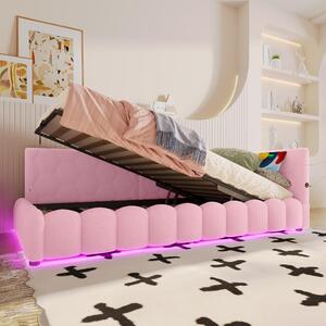 Letto da giorno Sweiko, letto da giorno 90x200cm, divano letto, letto con rete a doghe (senza materasso), con striscia luminosa a LED, con meccanismo di sollevamento idraulico, connessione USB, Type-C, materiale comfort, similpile, rosa