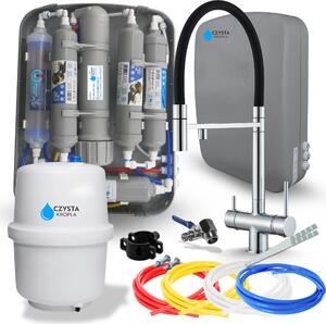 Rubinetto da cucina Ari HighFlex con doppia uscita per filtro acqua, beccuccio girevole, ottone cromato, set con filtro RO7 Slim 7 stadi