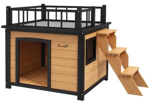 PawHut Cuccia per Cani con Terrazza sul Tetto, Resistente alle Intemperie, Legno, 121x77x78cm, Nero/Giallo