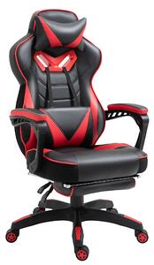 Vinsetto Sedia da Ufficio Ergonomica, Sedia da Gaming, Sedia Girevole con Poggiapiedi retraibile e Schienale Regolabile in Schiuma, Pelle PU e Metallo, Nero e Rosso, 65 x 70 x 118,5-128,5 cm