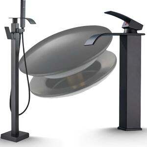 Rubinetto bagno freestanding Ari nero opaco, beccuccio girevole 360 gradi, ottone, con doccetta e valvola in Vetroceramica