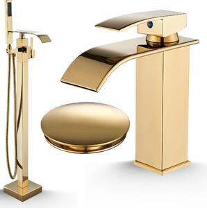 Rubinetto da bagno Ari, miscelatore vasca freestanding in ottone, beccuccio girevole 360 gradi, finitura oro lucido