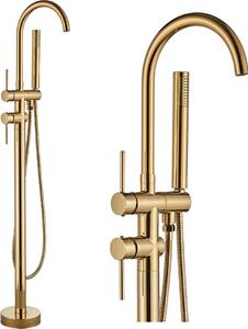 Rubinetto da bagno freestanding ARI, miscelatore vasca a pavimento con doccetta, beccuccio girevole 360 gradi, oro lucido