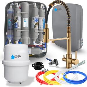 Rubinetto da cucina Ari Solid Spring con doppia via, doccetta estraibile, predisposto per filtro acqua, finitura oro spazzolato