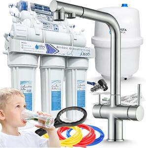 Rubinetto da cucina a 3 vie Ari Venom 2 con doccetta estraibile, inox satinato, collegamento per filtro acqua, monocomando