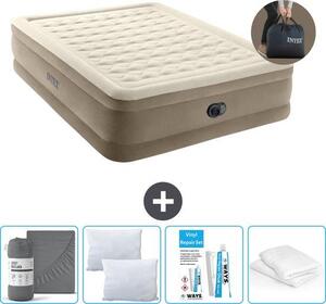 Letto ad aria Intex - 2 persone - 152 x 203 x 46 cm - Beige - Con pompa incorporata, lenzuola antracite, cuscino, federe Molton 2 in 1 e set di riparazione