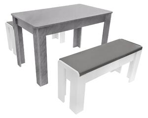 Set da Pranzo Moderno con Tavolo e 2 Panche, Design Contemporaneo e Struttura Robusta, Grigio+Bianco