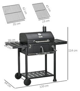 Outsunny Barbecue a Carbone con Coperchio con Termometro, Griglia Regolabile, Ruote e Tavolini, Nero