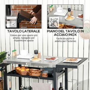Outsunny Carrello Barbecue con Tavolino Pieghevole in Acciaio Inox, 2 Ruote e Accessori, 125x65x84 cm, Nero