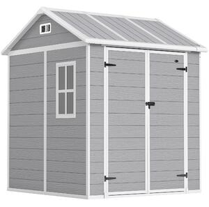 Outsunny Casetta da Giardino con Pavimento, Capanno porta Attrezzi in Resina 2 Porte con Blocco e Finestra, 1.8x1.8m, Grigio | Aosom Italy