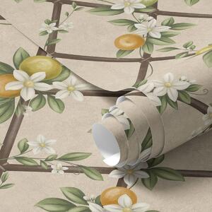 Carta da parati Fiori bianchi e agrumi su un reticolo marrone, Parati fiori e piante classici, a01261 : Uwalls.it