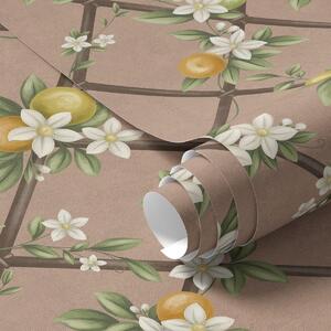 Carta da parati Fiori e agrumi su uno sfondo rosa con un motivo a traliccio, Parati fiori e piante classici, a01261v1 : Uwalls.it