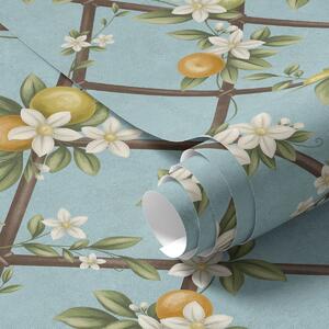 Carta da parati Fiori e agrumi su sfondo blu con motivo a traliccio, Parati fiori e piante classici, a01261v3 : Uwalls.it