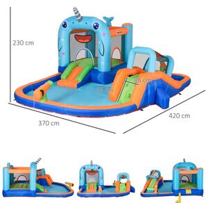 Outsunny Castello Gonfiabile per Bambini 4 in 1 con Scivolo, Piscina e  Trampolino, Gonfiatore e Picchetti Inclusi, Età 3-8 Anni, 300x270x200cm