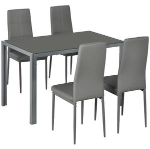 HOMCOM Set da Pranzo 5 Pezzi con 1 Tavolo da Pranzo e 4 Sedie Moderne in Similpelle, Metallo e Vetro Temperato, Grigio