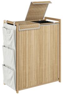 HOMCOM Cesto per biancheria in bambù con coperchio 120L con 2 sacche rimovibili e lavabili con cordoncino, tasche laterali, naturale | Aosom Italy