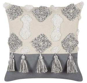 Cuscino decorativo cotone bianco e grigio 45 x 45 cm con nappe a rombi salotto divano camera da letto Beliani