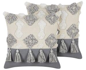 Set di 2 cuscini decorativi bianco e grigio cotone 45x45 cm con nappe motivo rombi Beliani