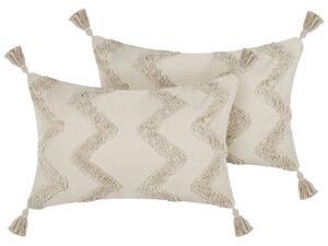 Set di 2 cuscini decorativi cotone beige 40 x 60 cm con nappe motivo boho chevron Beliani