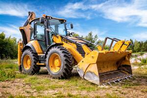 Illustrazione Yellow earth mover in construction site, ewg3D