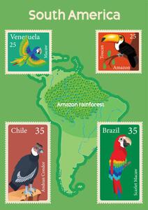 Illustrazione South America Map and Tropical Birds Stamps, drmakkoy