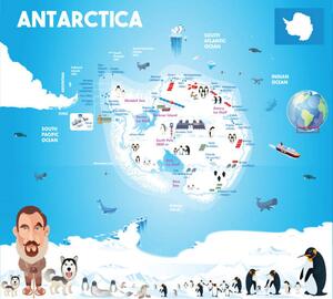 Illustrazione Map of Antarctica with Penguins and, drmakkoy