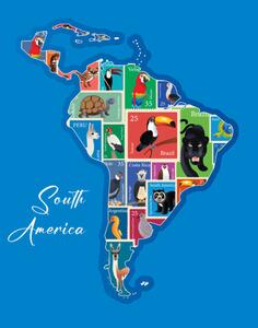 Illustrazione South America Animals Stamp Map, drmakkoy