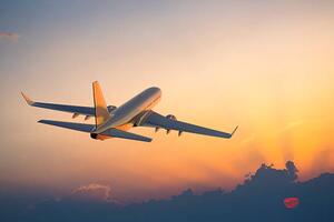 Illustrazione Passenger airplane flying above clouds during, Michal Krakowiak