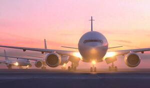 Illustrazione Airplanes taxiing on runway at sunset, Colin Anderson Productions pty ltd