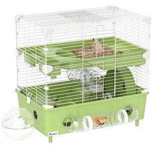 PawHut Gabbia per Criceti a 2 Livelli e 3 Porte con Ruota e Tubi, in Acciaio, PS e PP, 44.5x28x44 cm, Verde e Bianco | Aosom Italy