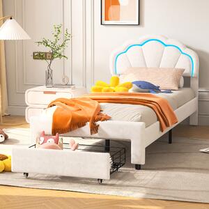 Letto imbottito Fortuna Lai 90x200cm con rete a doghe, letto per bambini con testata a forma di fiore, letto per ragazzi letto singolo con led, letto per principesse letto in legno, velluto, bianco