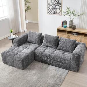 Divano angolare 250x158x60 cm con rivestimento in velluto grigio, componibile, con tre posti, chaise longue e due tasche laterali, ideale per il soggiorno