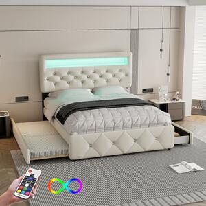 Letto imbottito Fortuna Lai 140x200cm+90x200cm allungabile, letto matrimoniale a piattaforma con 2 cassetti, tavolino con striscia luminosa, beige