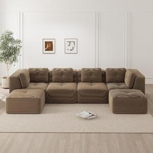 Divano angolare modulare a forma di "U", 4 posti, in tessuto corduroy marrone, senza struttura a vista. Divano letto profondo con poggiapiedi, antiscivolo, dimensioni 386x177x69 cm