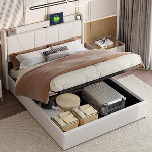 Letto imbottito Fortuna Lai 140x200cm con USB, letto per ragazzi letto matrimoniale con rete a doghe e contenitore, letto contenitore, biancheria, beige