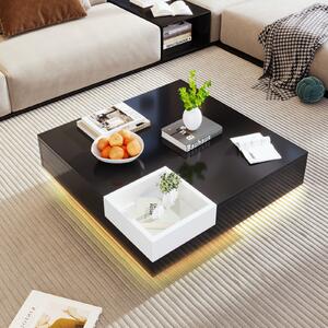 Fortuna Lai tavolino LED 72x72x30 cm Tavolino con vani portaoggetti estraibili Tavolo da divano Tavolo da soggiorno lucido, nero/bianco
