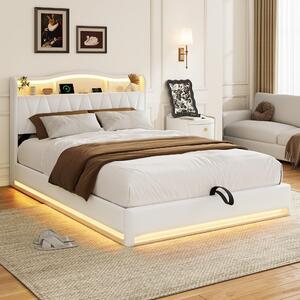 Letto imbottito 140x200 cm con spazio contenitore idraulico, testiera con spazio contenitore, illuminazione LED, 2 porte USB-C e 1 porta USB, rete a listelli, rivestimento in velluto beige, senza materasso