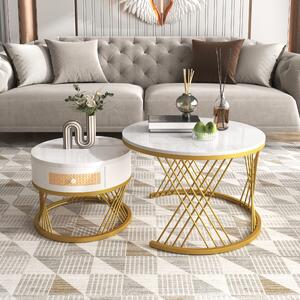 Fortuna-Lai set di 2 tavolini tavolino in look marmo con ripiano rotondo Ø70 x 45 cm e Ø50 x 38 cm tavolino da salotto tavolino da divano motivo marmo struttura del tavolo in legno e cassetti in plastica rattan， in metallo oro