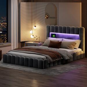 Letto imbottito Fortuna Lai 180x200cm con USB, letto per ragazzi letto matrimoniale con rete a doghe e contenitore, letto contenitore con LED, velluto, grigio