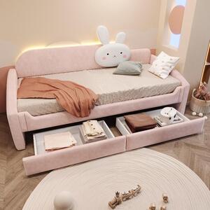 Letto per bambini 90x200 cm con 2 cassetti e illuminazione a LED, divano letto imbottito in velluto rosa con schienale e braccioli