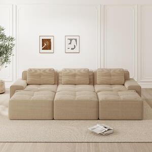 Divano componibile a 3 posti, angolare, in tessuto corduroy beige. Divano con funzione letto, completo di 3 poggiapiedi e con una profondità di seduta di 74 cm, ideale per il soggiorno