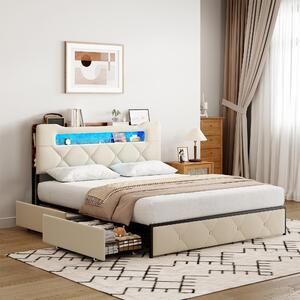 Fortuna Lai letto imbottito 140x190cm con LED e USB, letto matrimoniale con testiera e 4 cassetti, letto in metallo funzionale letto per bambini, velluto beige