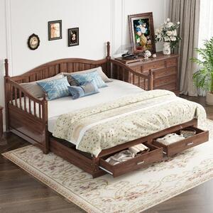Divano letto 90x190 cm, estendibile a 180x190 cm, divano letto estraibile in legno massello con rete a doghe e 2 cassetti, realizzato in legno di pino con finitura noce